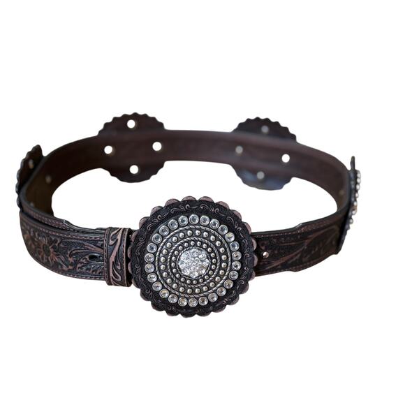 Nacoma Black Ladies Western Belt Medium Rhinestone Medallions Tooled Leather main image 6